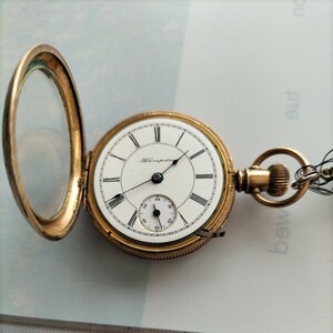 アンティーク、レトロな懐中時計、Hampden Pocket Watch 1888年製、機械式手巻き 11石、銅製ボデー、時刻はレバーセットです