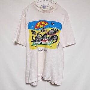 USA製 CRAZY SHIRTS HAWAII クリバンキャット 古着 半袖 Tシャツ 猫 ねこ ネコ ビーチ 海 パラソル 白 ホワイト