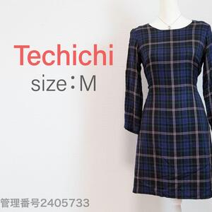 【最終値下げ☆美品☆】Techichi(テチチ) チェック柄　ボートネックひざ丈ワンピース　Aライン長袖　M