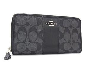 1円 ■新品同様■ COACH コーチ F54630 シグネチャー PVC×レザー ラウンドファスナー 長財布 ウォレット 小銭入れ ブラック系 BI9355