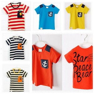 ★新品★セール男の子半袖Tシャツ/ボーダー/6色/ストライプ赤/紺/緑/無地青/黄/赤/春夏秋【キッズ韓国子供服90cm100cm