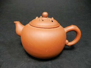 中国　後手急須　朱泥　細工蓋　印有　茶注　煎茶道具　茶道具　コレクション　P-160