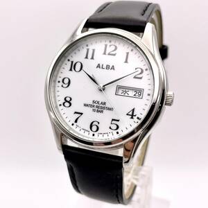 1円 美品■ 稼働品 SEIKO セイコー ALBA アルバ V158-OAXO SOLAR ソーラー アナログ デイト 腕時計 シルバーベゼル 革 バンド N727-200-3