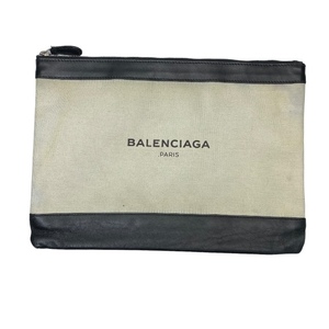 BALENCIAGA バレンシアガ 420407 ネイビークリップ M クラッチバッグ ロゴプリント キャンバス レザー ブラック アイボリー