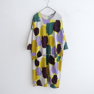 マリメッコ marimekko *プリントジャージーポケットワンピース*XSコットンストレッチカットソー総柄配色(2-2408-368)【22I42】