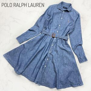 POLO RALPH LAUREN デニムワンピース　薄手　4 M　ポニー刺繍　ロゴ刺繍　ベルト　現行タグ　先染め生地　ダンガリー　シャツワンピース