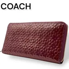 COACH 長財布 ボルドー×ゴールド エナメル ラウンドジップ シグネチャー