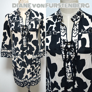 DIANE von FURSTENBERG■シルクジャージー長袖ミニワンピース　バタフライ柄　チュニック　0（S） ダイアンフォンファステンバーグ