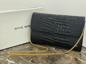 ★ HANAE MORI 森英恵 モリハナエ チェーンショルダーバッグ ブラック クロコ型 エナメル 箱付き 保管品 ★