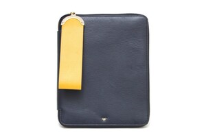 1B297☆アニヤハインドマーチ ANYA HINDMARCH☆ iPadカバー iPadケース レザー ネイビー/イエロー 2355090-39 美品 【ニューポーン】