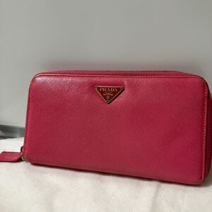 【良品】 PRADA プラダ ラウンドファスナー 長財布 サフィアーノ レザー 三角プレート ピンク系 シリアルあり