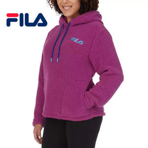 新品 M ★ FILA フィラ レディース フリース パーカー ボア プルオーバー パープル ワイン ロゴ刺繍 もこもこ モコモコ フーディー