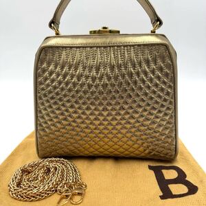 1円【希少/極美品】BALLY バリー 2way ハンドバッグ ショルダー スクエア がま口 キルティング G金具 レザー 本革 ゴールド イタリア製