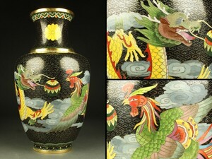 【宇】FB102 中国古玩 色絵龍鳳凰文 大振 七宝花瓶 高さ37cm