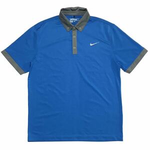 【美品】NIKE GOLF ナイキゴルフ ストレッチボタンダウン半袖ポロシャツ メンズM 青 ドライフィット ステイクール 速乾 ウェア スウッシュ