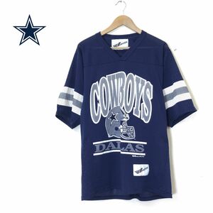 G1465-D◆90s◆ Dallas Cowboys ダラスカウボーイズ アメフト ゲームシャツ 半袖 メッシュ ロゴ 公式 ◆ ネイビー 紺 化繊系 古着