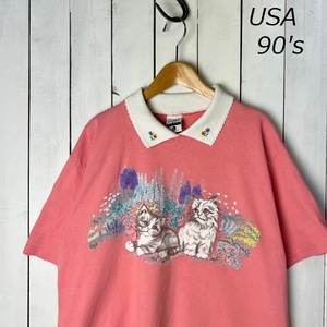 T●327 USA古着 90s USA製 ネコ柄　襟付きTシャツ L ピンク オールド ヴィンテージ アメリカ古着 猫 キャット 切替え襟 Gopher