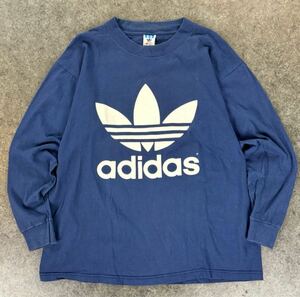 USA製 80s Vintage ADIDAS Printed L/S T-shirt Navy 万国旗タグ アディダス ヴィンテージ ロンT 長袖 両面プリント ネイビー トレフォイル