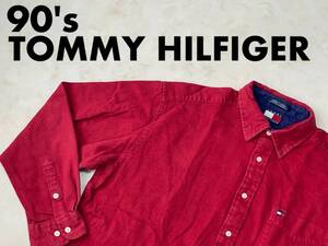 ☆送料無料☆ TOMMY HILFIGER トミーヒルフィガー USA直輸入 90’s 胸ポケット付き 無地 ネルシャツ メンズ L レッド トップス 中古 即決