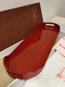 漆器　長手盆　うるし塗　朱塗　54cm　コーヒートレー　楕円　長丸盆　トレイ　木心　高級漆器　美術漆器　誠峰工房　お盆　元箱付き