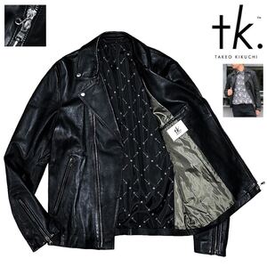 極美品 定価3.5万 tk.TAKEO KIKUCHI タケオキクチ 最高級羊革! 裏地 ロゴ総柄 極上ラムレザー ダブル ライダースジャケット L 黒 ブルゾン