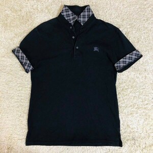 バーバリーブラックレーベル　Burberry Black Label　ポロシャツ　半袖　黒　M　綿　カットソー　ホースロゴ　ノバチェック　春夏　メンズ