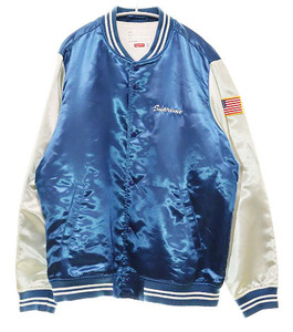 シュプリーム SUPREME 15SS SATIN CLUB JACKET BLUE XLサイズ サテン クラブ ジャケット ブルゾン アウター スタジャン ワッペン 青 ☆AA★