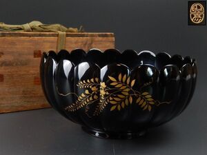 漆塗　　阿古陀型木製藤図蒔絵　　菓子器　　平安象彦造　　中古美品　　木箱付き　　ZP010-138HR　