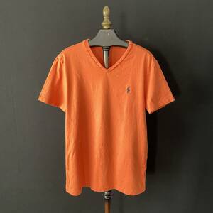 【980円スタート】USA 古着 半袖 Vネック Tシャツ POLO RALPH LAUREN オレンジ メンズS ポロ ラルフローレン ワンポイント 古着卸 BA1536