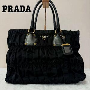 PRADA プラダ ナイロン ギャザー トートバッグ テスート ポノコ セミショルダー 大容量 ロゴ 黒 ハンドバッグ ギャランティーカード 