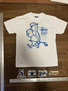 STUSSY 非売品カレンダーTee(L)(白)ステッカー青SET(ゴールド系)当時モノ OLD オールド ステューシー ￥1 最落無し限定ノベルティnigo裏原 