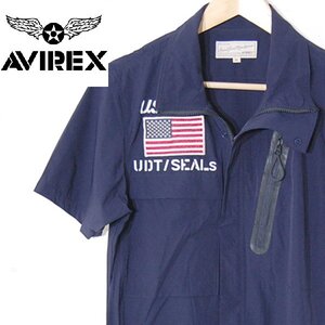 アヴィレックスAVIREX■ストレッチ ジップシャツ フロッグマン 半袖 ワッペン デカロゴ 6195096■M■ネイビー ※NK4819022