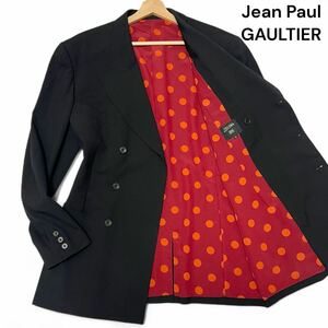 美麗品◎XLサイズ!!ジャンポールゴルチエ【裏地鮮やかな水玉柄】Jean Paul GAULTIER 水玉 ダブル テーラード ジャケット ブラック◎メンズ