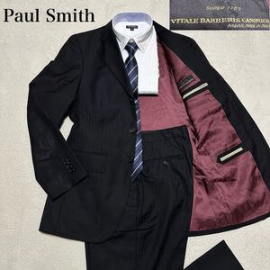 ポールスミス PAUL SMITH × カノニコ Super110s 裏地ワインレッド シャドーストライプ スーツ セットアップ 秋冬 3B 総裏地 黒 ブラック L