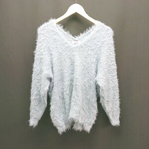 ◇ JEANASIS ジーナシス シャギー Vネック フワフワ モコモコ 大人っぽい 長袖 ニット サイズF ブルー レディース E