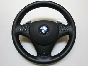 E87　BMW　E90　E91　Ｍスポーツ　パドル付！　純正　革　ステアリング　ハンドル エアバック　エアーバック　カバー 　管理番号（Q-8114）