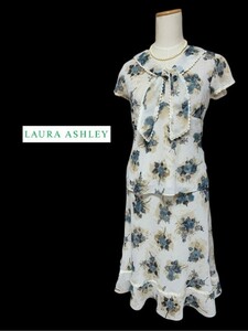 LAURA ASHLEY【ローラアシュレイ】青いバラ柄 シフォン生地 セットアップスーツ ブラウス９号 スカート７号（ウエストゴム）