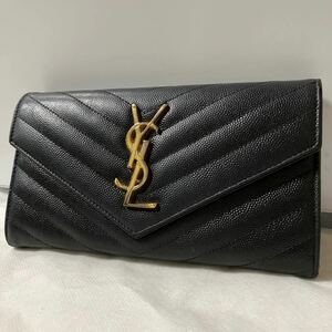 【美品】SAINT LAURENT サンローラン YSL 長財布 折り財布 Vステッチ レザー ロゴ金具 シリアルあり