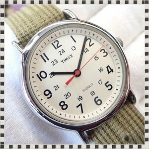 タイメックス INDIGLO 白文字盤 ミリタリー カーキ 布ベルト クォーツ 38mm メンズ 腕時計 稼働品 TIMEX