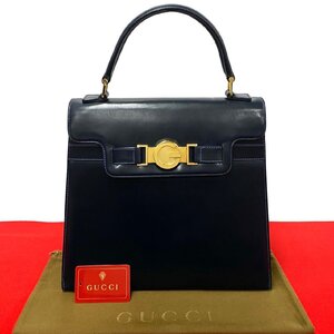 極 美品 GUCCI グッチ オールドグッチ ヴィンテージ G ロゴ 金具 カーフ レザー 本革 ハンドバッグ トートバッグ ネイビー 840-3