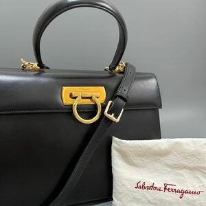 1円 SalvatoreFerragamo フェラガモ ガンチーニ 2WAY ハンドバッグ ショルダーバッグ 黒色 保存袋ショルダー紐付き 正規品本物