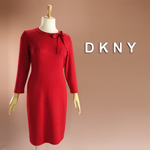 半額セール★新品 DKNY 19号～21号 ダナキャラン 赤 リボンタイ ニットワンピース パーティドレス 大きいサイズ 結婚式二次会 凛葵50EE1505