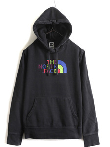 人気 黒 ■ ノースフェイス プリント スウェット フード パーカー ( レディース M ) 古着 The North Face トレーナー プルオーバー 裏起毛