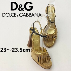 ◆D&G ドルチェ＆ガッバーナ スパンコール フリンジ デニム アンクルストラップ ヒール サンダル ライトブラウン×ゴールド 36 1/2