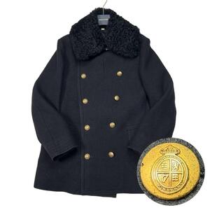 現行/美品/希少XL/バーバリー◎BURBERRY ファー付きピーコート ナポレオンコート エンボス デカロゴ 金ボタン ウール 羊毛 ブラック 黒 48