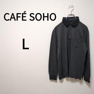 【CAFE　SOHO】チェックポロシャツ(L)胸ポケット＊格子柄＊伸縮性＊黒