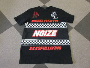 DIESEL Tシャツ S 黒 チェッカー 197.8FM NOIZE SXXSFULLIVING ディーゼル 半袖 メンズ ドーベルマン 犬