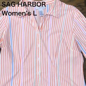 【送料無料】SAG HARBOR 7分袖シャツ　白オレンジストライプ柄　レディースLサイズ　長袖半袖