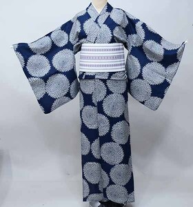 浴衣 単品 女性用 変わり織り フリーサイズ 158-168cm 綿85％ 麻15％ 菊 紺地に生成りがかったグレー 新品（株）安田屋 NO40477