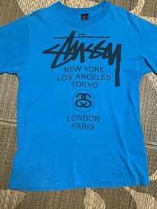 STUSSY WORLD TOUR オールド　ステューシー 初代ワールドツアー Tシャツ サイズL ブルー　光沢ツルツル黒タグ　80s後期 90sレア　希少